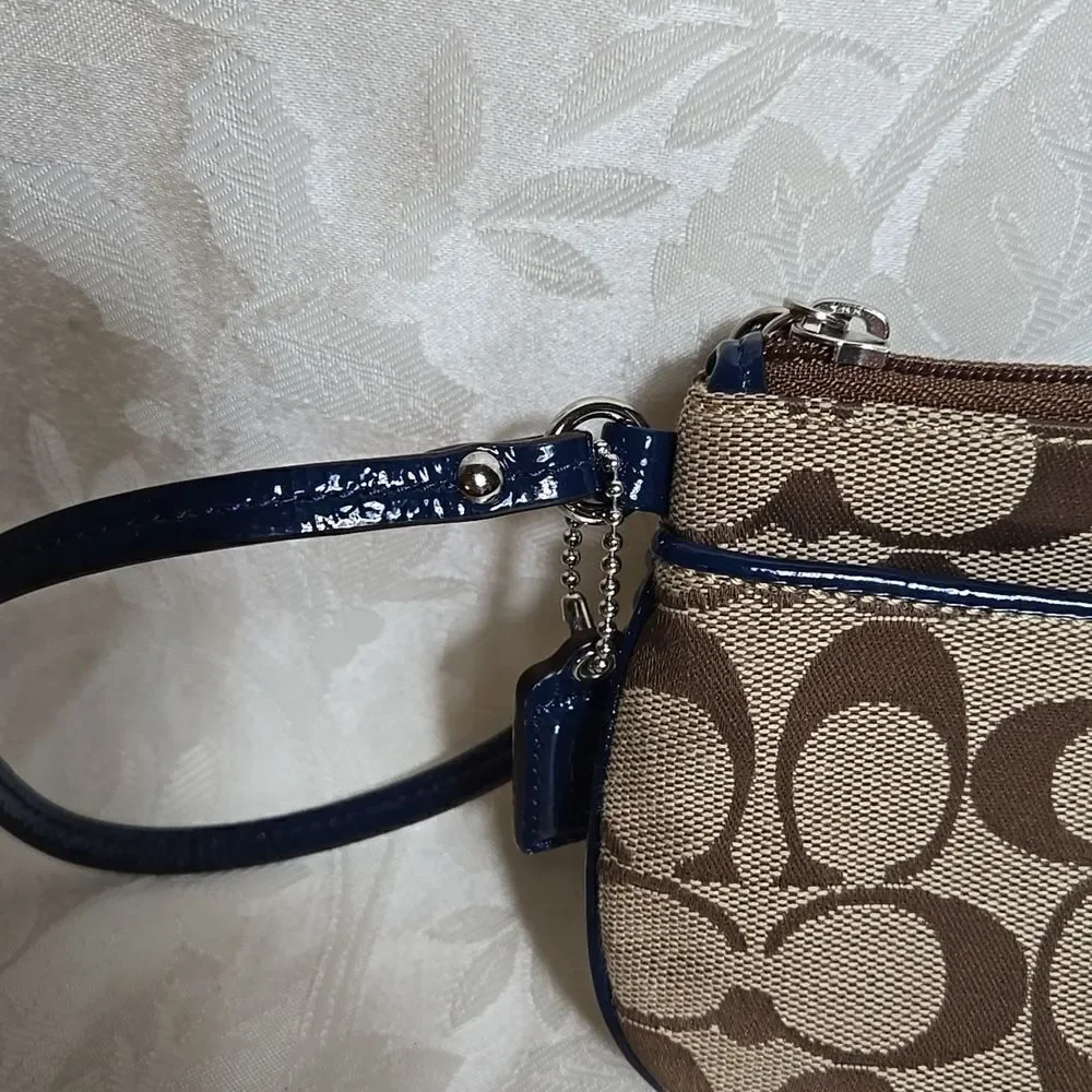 Coach Tan Y2K Logo Wristlet with Blue Patent Leather